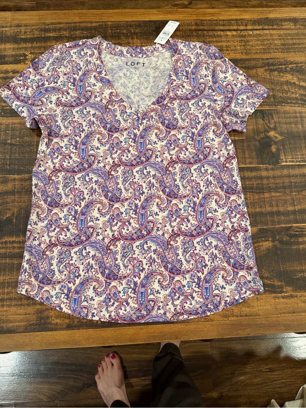 LOFT Purple Paisley V-Neck Short Sleeve Tee